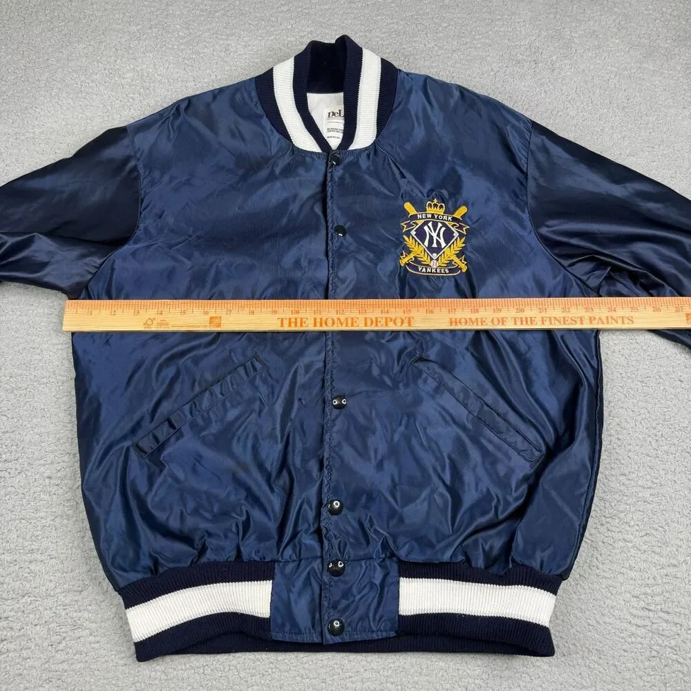 VTG New York Yankees Jacket Mens Large Navy Satin Snap‎ DeLONG USA MLB Baseball